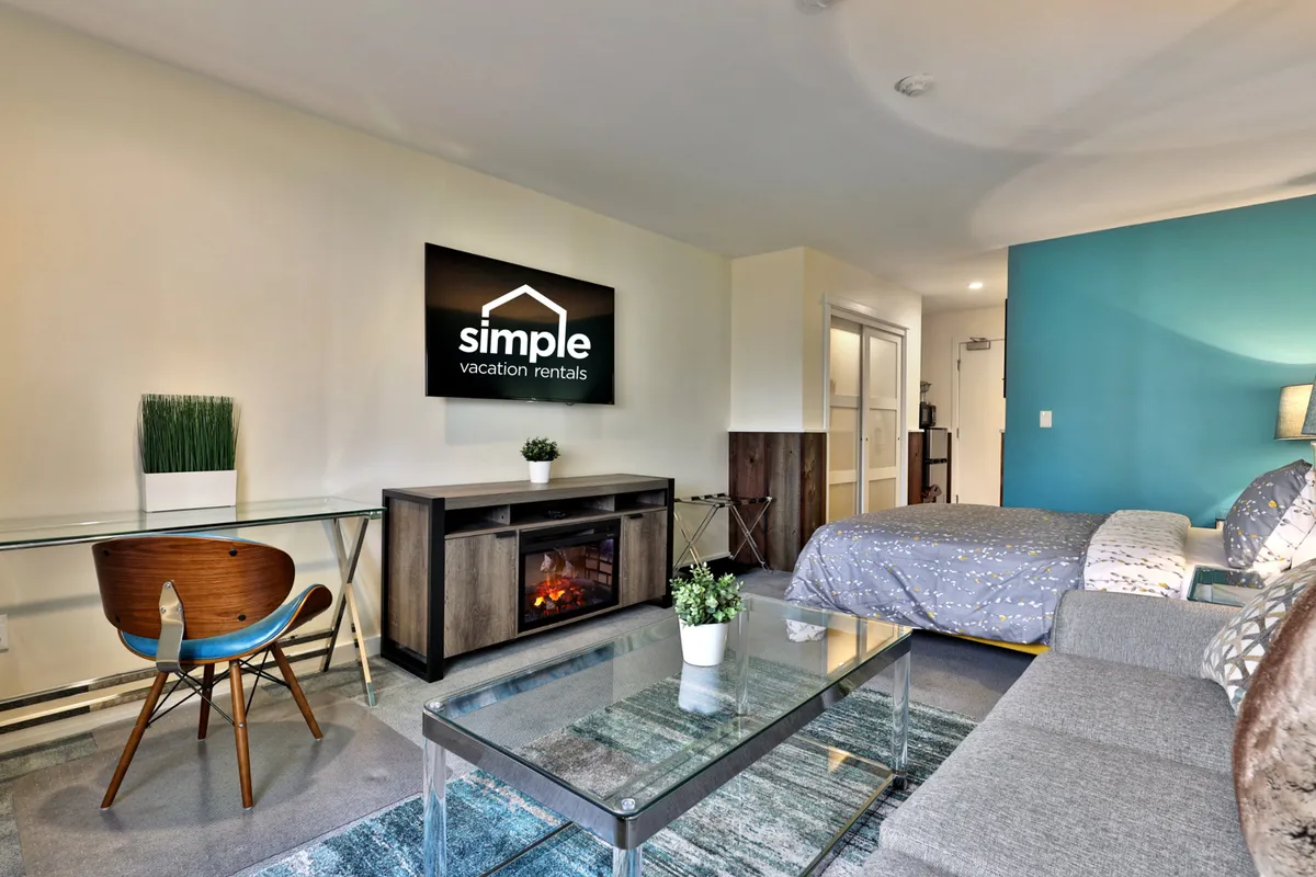 A comfortable studio space featuring a cozy sofa, glass coffee table, television, and stylish decor, including a decorative plant and bed. The space feels modern and inviting, perfect for relaxing after a night out or enjoying takeout from local restaurants.